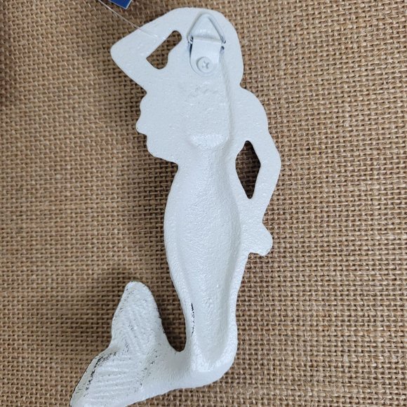 Distressed White Mermaid Hook Cast Iron Coastal Decor - Picture 12 of 13
